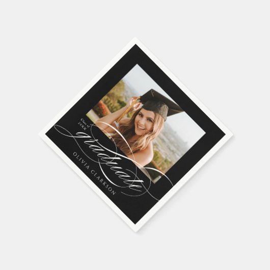 Black Modern Elegante Script Foto Graduation Party Serviette (Ecke)