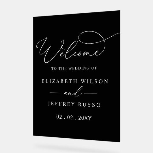 Black Modern Elegante Script Wedding Willkommensze Acrylschild (Winkel)