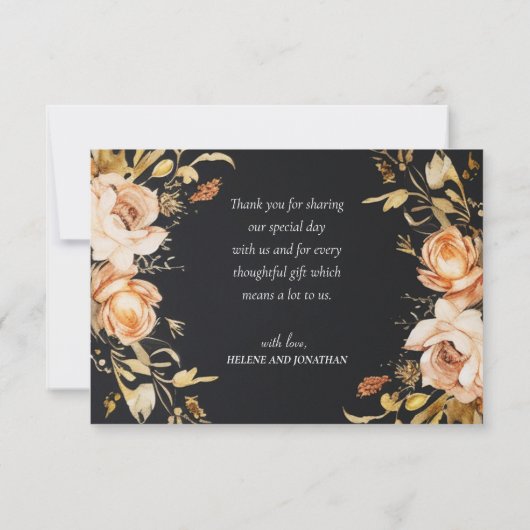 Black Modern Fall Floral Wedding Dankeskarte (Rückseite)