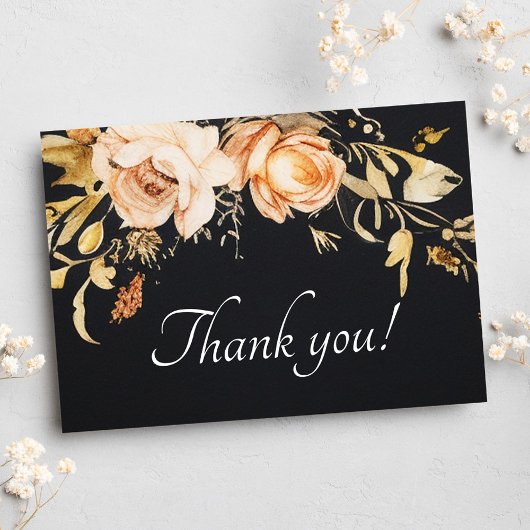 Black Modern Fall Floral Wedding Dankeskarte