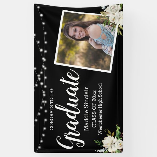 Black Modern Foto Floral String Lights Abschluss Banner (Vertikal)