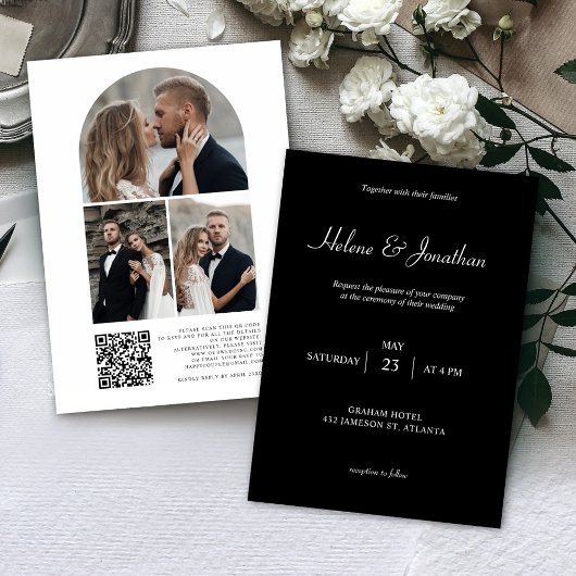 Black Modern Foto QR Code Hochzeit Einladung