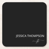 Black Modern Girly White Simple Monogram Name Tri Rechteckiger Pappuntersetzer (Vorderseite)