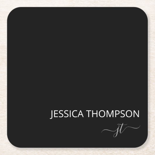 Black Modern Girly White Simple Monogram Name Tri Rechteckiger Pappuntersetzer (Vorderseite)