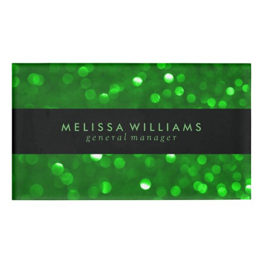 Black & Modern Green Bokeh Glitter Textur Namenschild (Vorderseite)