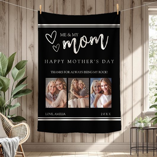 Black Modern Happy Mother's Day Photo Collage Fleecedecke