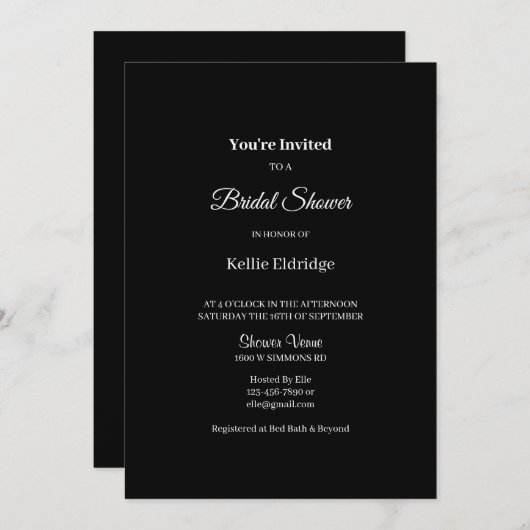 Black Modern Minimalistisch Bridal Dusche Einladun Einladung (Vorne/Hinten)