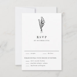 Black Modern Minimalistisch Floral Bouquet Wedding RSVP Karte