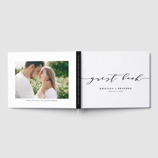 Black Modern Minimalistisch Script Foto Wedding Gästebuch (Voll)