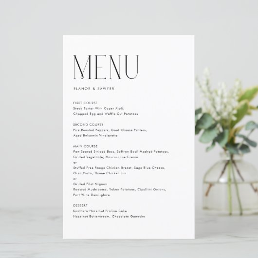 Black Modern Minimalistisch Typografy Menu Card (Stehend Vorderseite)