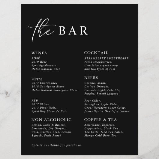 Black Modern Minimalistisch Wedding Bar Menu (Vorderseite)