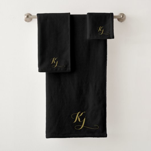 Black Modern Monogram Gold Script Initials Badhandtuch Set (Insitu)