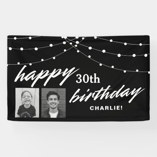Black Modern Photo 30th Birthday Party Banner (Horizontal)