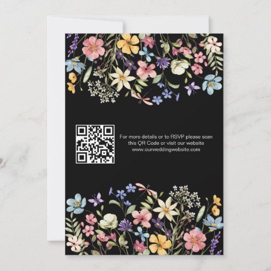 Black Modern QR Code Wildblume Hochzeit Einladung (Rückseite)