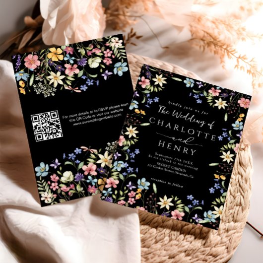 Black Modern QR Code Wildblume Hochzeit Einladung