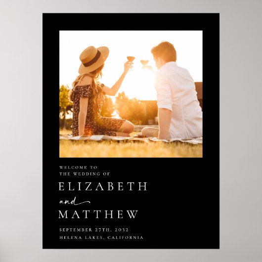 Black Modern Script Foto Wedding Willkommenszeiche Poster (Vorne)