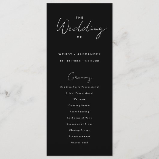 Black Modern Script Hochzeitsprogramm Programm (Vorderseite)