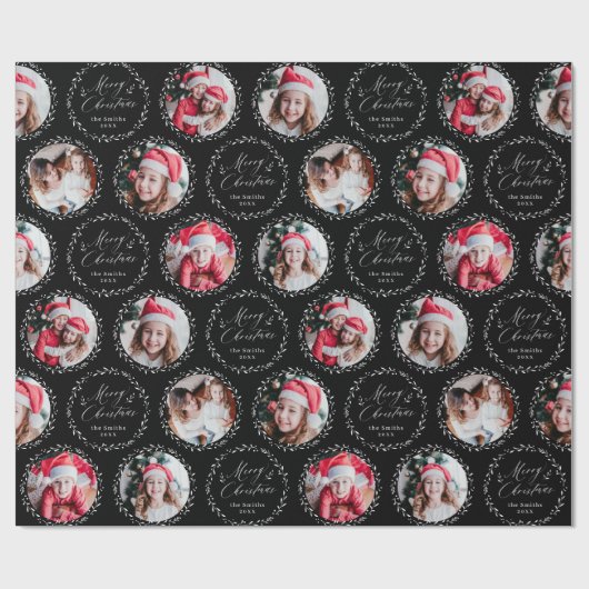 Black Modern Script Merry Christmas Family 6 photo Geschenkpapier (Flach)