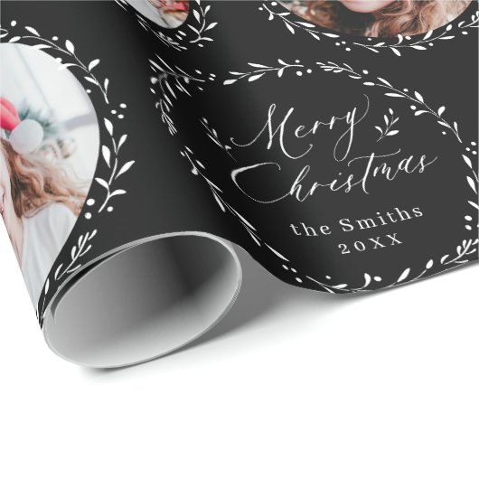 Black Modern Script Merry Christmas Family 6 photo Geschenkpapier (Rolleneckpunkt)