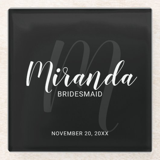 Black Modern Script Personalisiert Bridesmaiers Glasuntersetzer (Vorderseite)