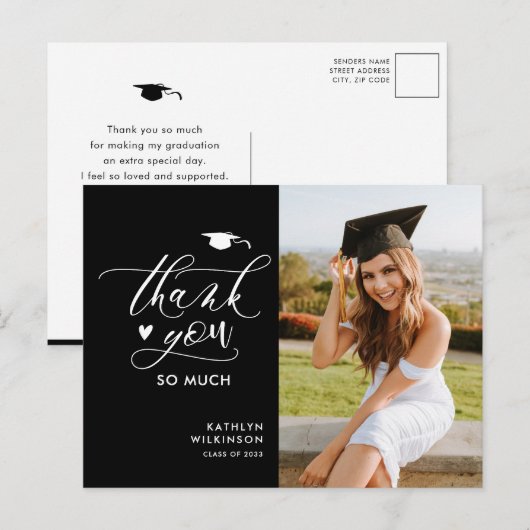 Black Modern Script Simple Abschluss Vielen Dank Postkarte (Vorne/Hinten)