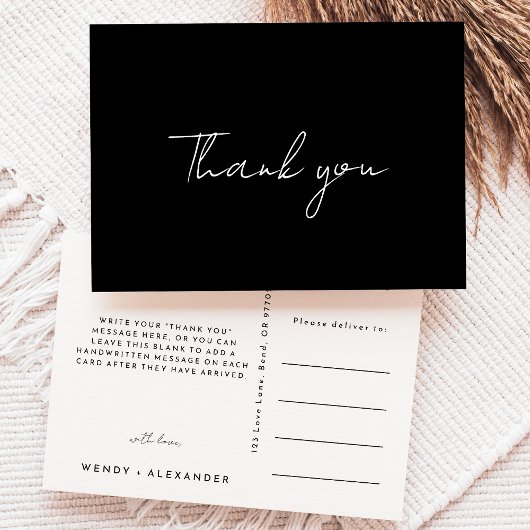 Black Modern Script Wedding Danke Postcard Postkarte