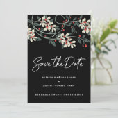 Black Modern Script White Florals Winter Save The Date (Stehend Vorderseite)