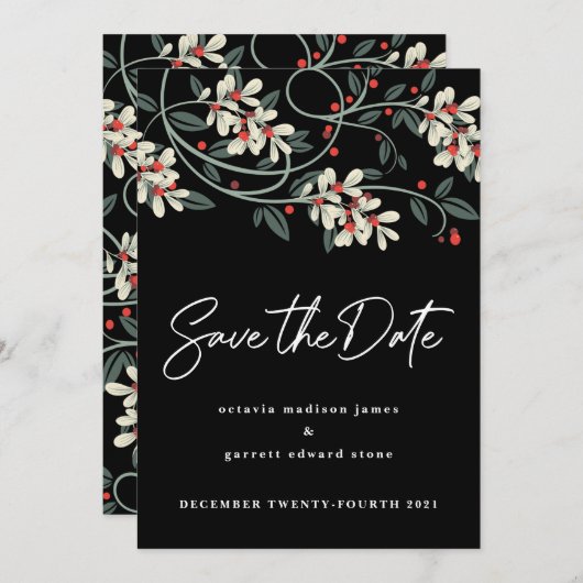 Black Modern Script White Florals Winter Save The Date (Vorne/Hinten)