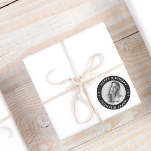 Black Modern Simple Classic Happy Birthday Foto Runder Aufkleber