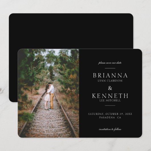 Black Modern Simple Elegante Foto Wedding Save The Date (Vorne/Hinten)
