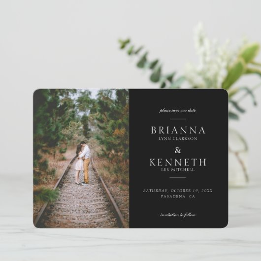 Black Modern Simple Elegante Foto Wedding Save The Date (Stehend Vorderseite)