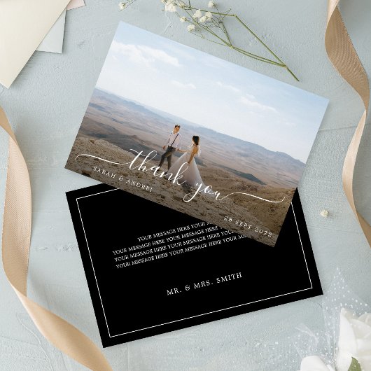 Black Modern Simple Foto Script Wedding Dankeskarte