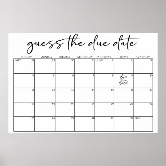 Black Modern Simple Script Baby Shower Guess Date Poster (Vorne)