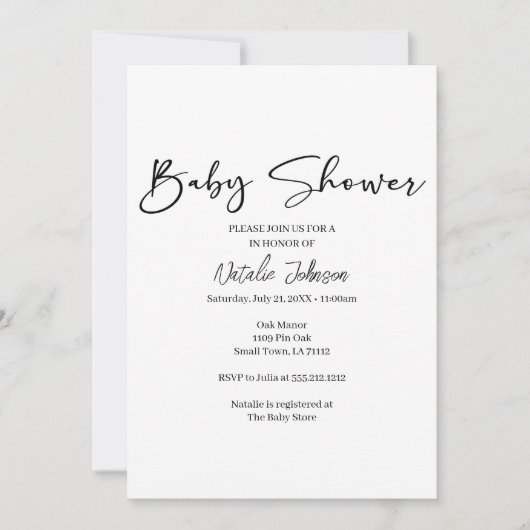 Black Modern Simple Script Baby Shower Invitation Einladung (Vorderseite)