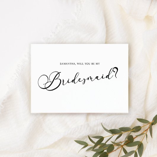 Black Modern Simple Script Be My Bridesmaid White Einladung