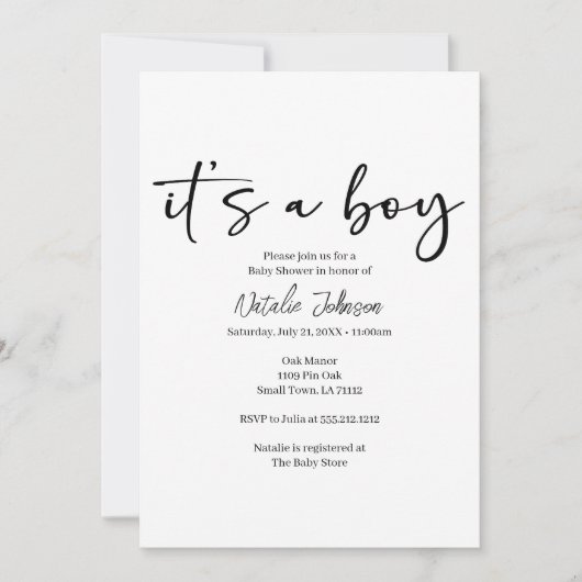 Black Modern Simple Script Boy Baby Shower Einladung (Vorderseite)