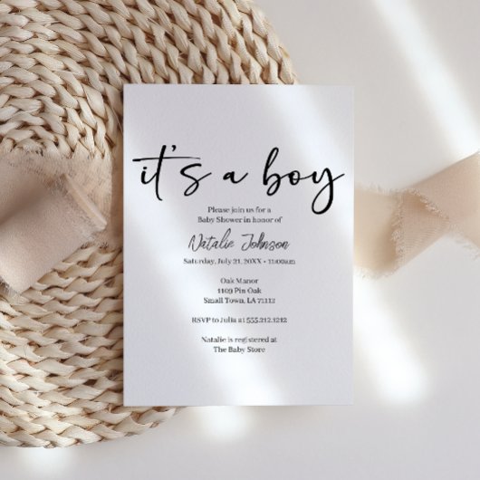 Black Modern Simple Script Boy Baby Shower Einladung