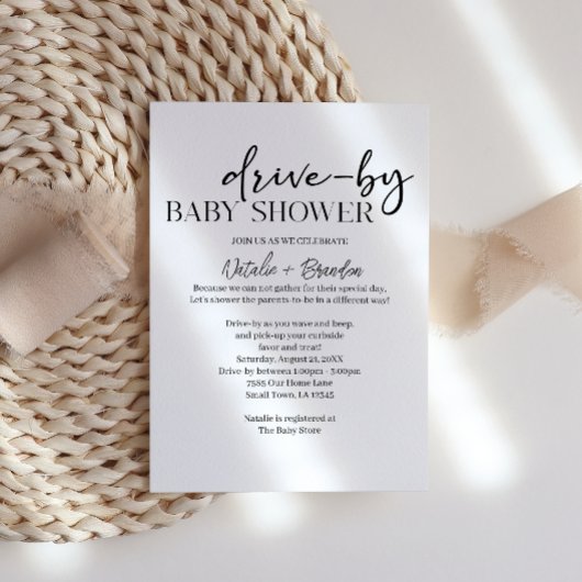 Black Modern Simple Script Drive-By Baby Shower Einladung
