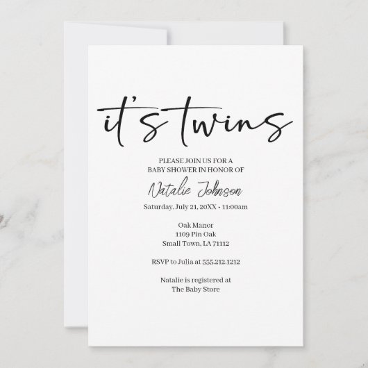 Black Modern Simple Script Twins Baby Shower Einladung (Vorderseite)