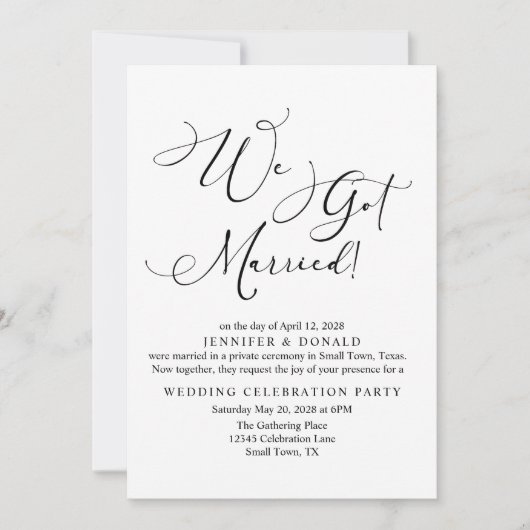 Black Modern Simple Script Wedding Just Married Einladung (Vorderseite)