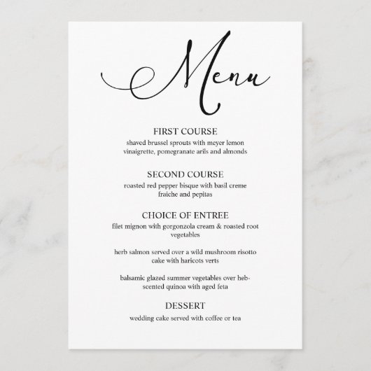 Black Modern Simple Script Wedding Menu Menükarte (Vorderseite)