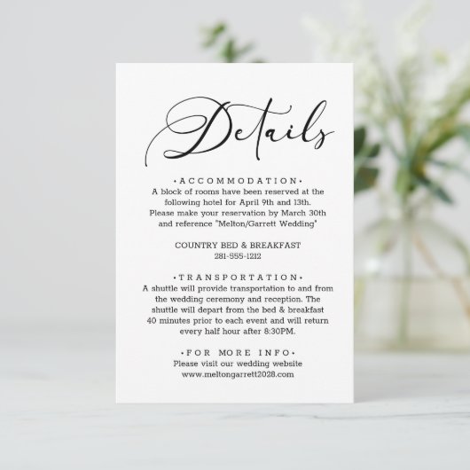 Black Modern Simple Wedding Details Enclosure Card Begleitkarte (Stehend Vorderseite)
