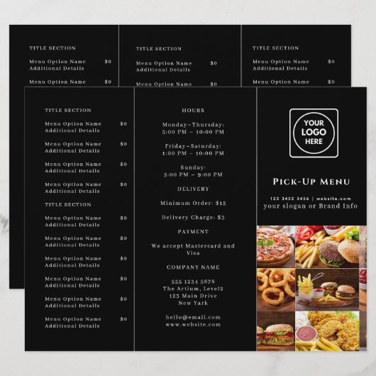 Black Modern Takeout Menü | Restaurant (Vorne/Hinten)
