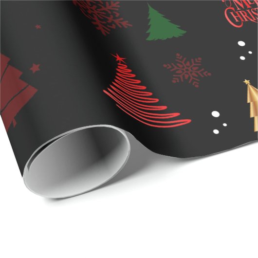 Black Modern Weihnachtsbaum und Schneeflocken Gesc Geschenkpapier (Rolleneckpunkt)