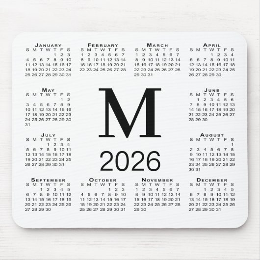 Black Monogram 2026 Calendar on White Mousepad (Vorne)