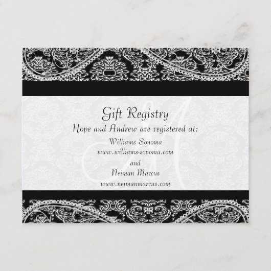 Black Monogram Damask Gift Registry Wedding Begleitkarte (Vorderseite)