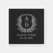 Black Monogram Floral Wedding Wappen Serviette (Vorderseite)