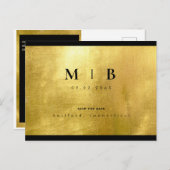 Black Monogram & Gold Sleek Save the Date Ankündigungspostkarte (Vorne/Hinten)