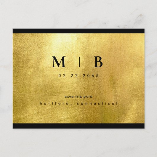 Black Monogram & Gold Sleek Save the Date Ankündigungspostkarte (Vorderseite)
