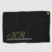 Black Monogram Gold White Name Minimalist Men Golfhandtuch (Horizontal)